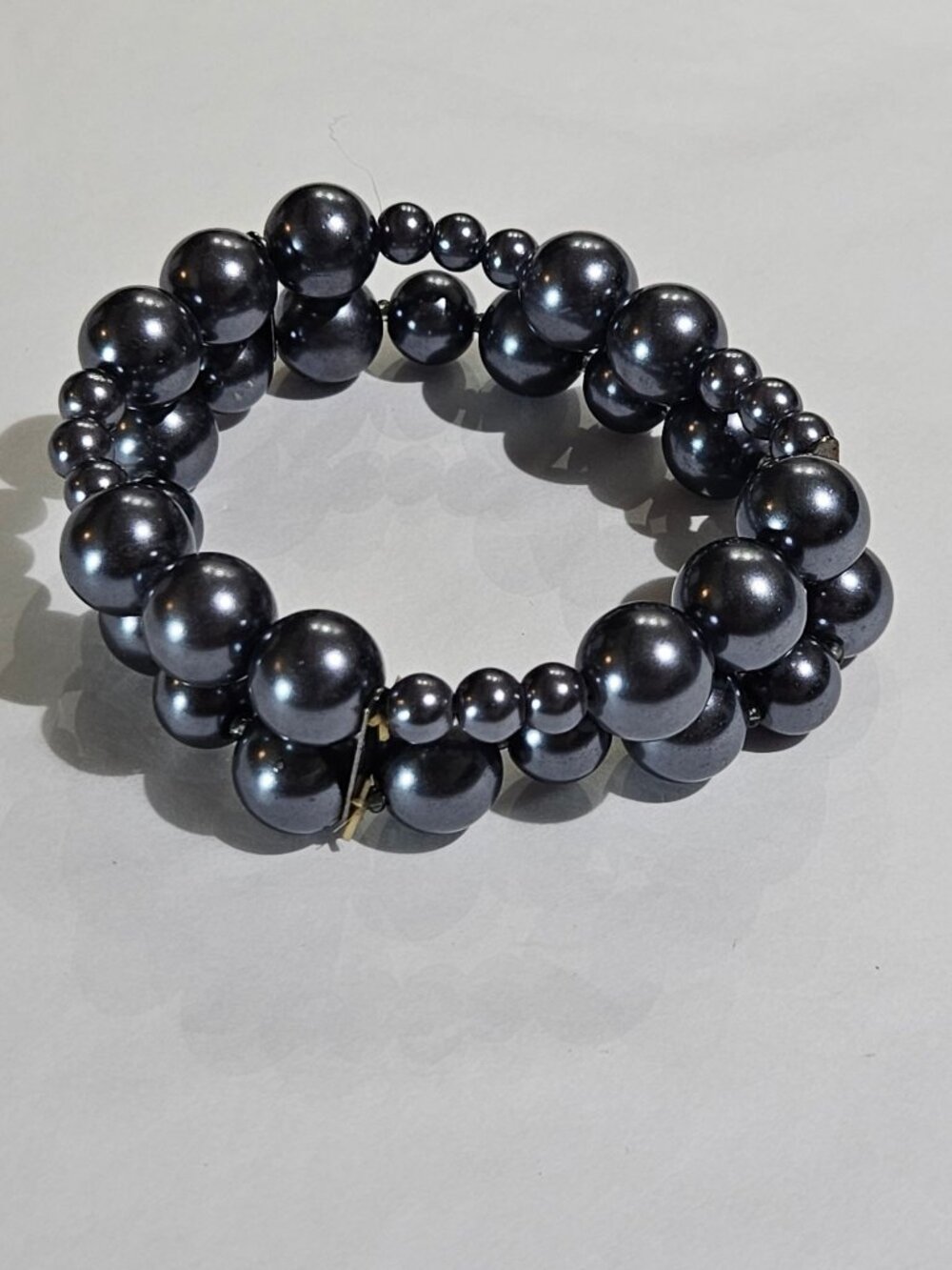 Blue Grey Glass Faux Pearl Beaded Stretchy Bracelet 6.5 inches Unstretched